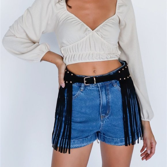 Western Denim Cotton High Rise Shorts with Fringe Suede Studded Belt - Picture 3 of 7